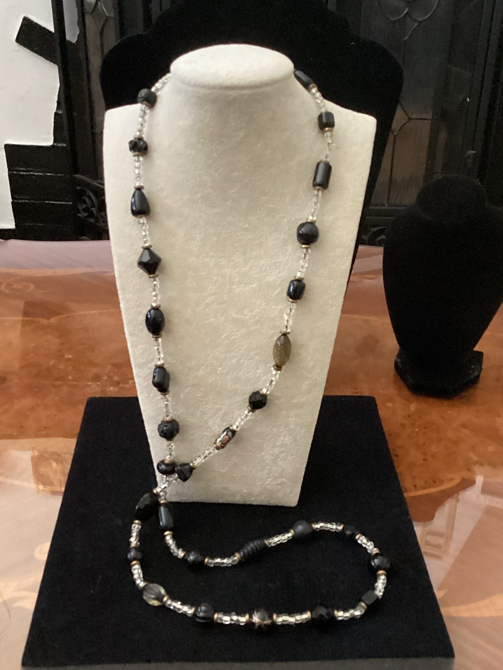 Black and Silver Beaded Long Necklace - Classic Layering Strand